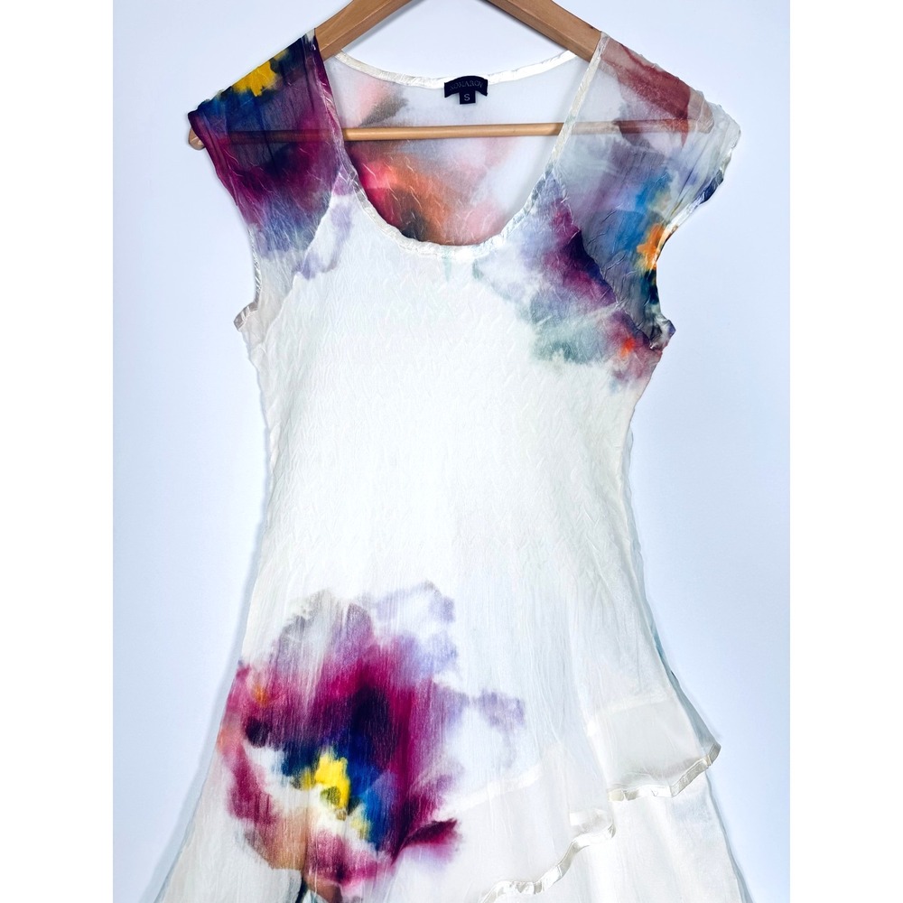 Komarov Dress Small Ivory Watercolor Floral Tiered Ruffle Midi Crinkle USA Made - Picture 2 of 16